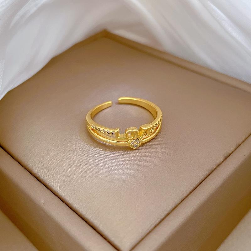 Real Gold Love Love Zircon Ring Opening Adjustable Simple Jewelry Japanese Ring Couple Ring