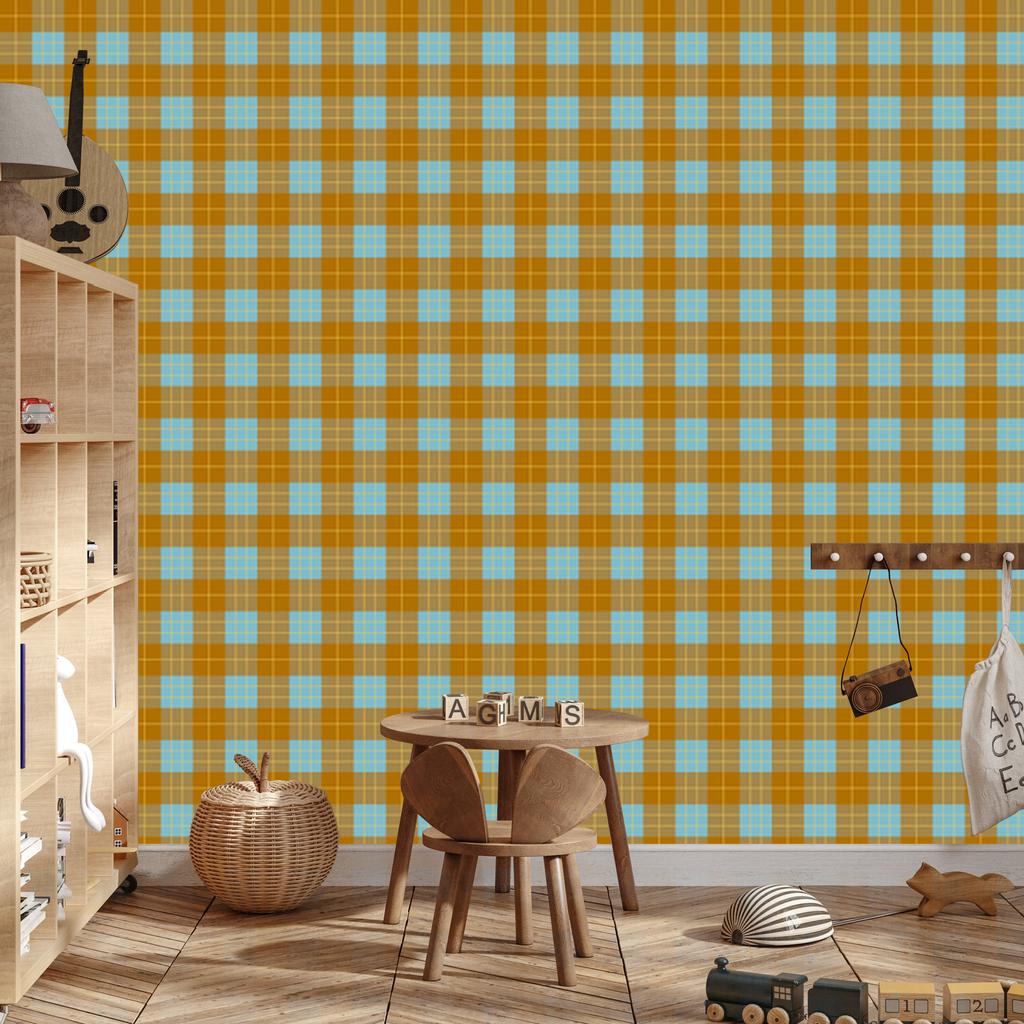 Yellow and blue checkered wallpaper, gold and turquoise, 50x1000