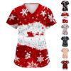 Women's Christmas Print V-Neck Short Sleeve Work Shirt with Pockets Caregiver Uniform Top