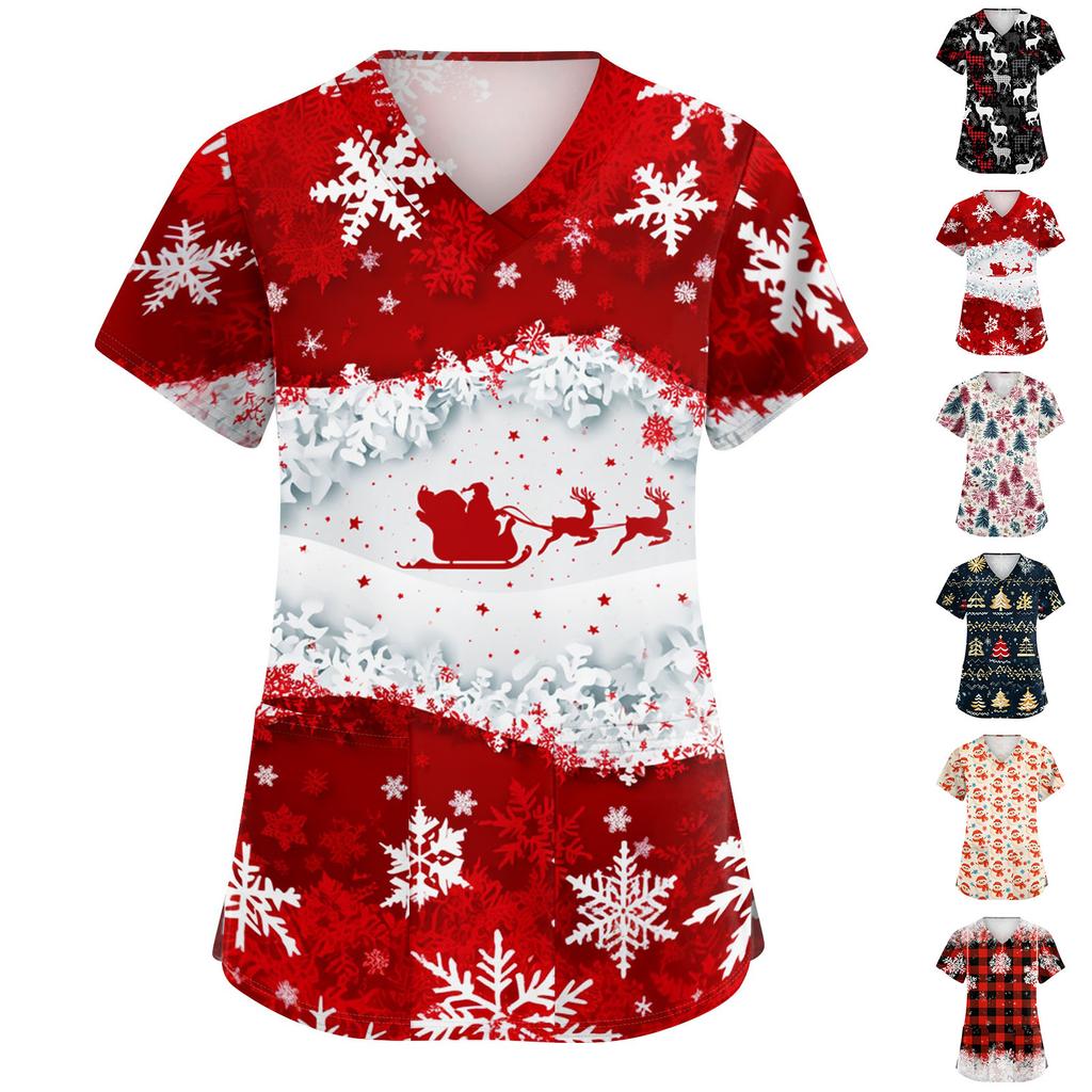 Women's Christmas Print V-Neck Short Sleeve Work Shirt with Pockets Caregiver Uniform Top