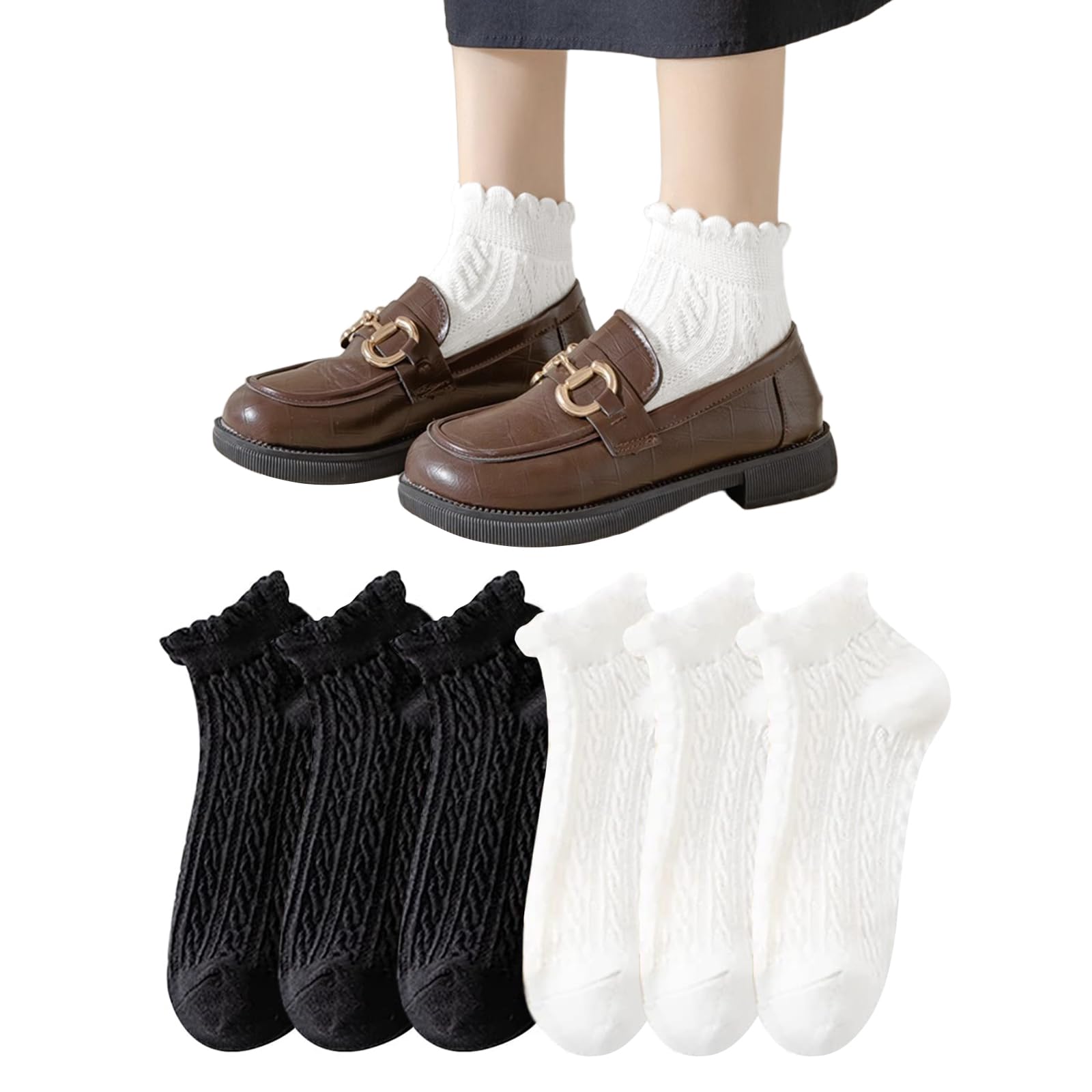 Summer Ankle Black Stylish Cotton Short Summer [DAMILY] Women s Socks, & White, Cute, 6-Pair Set, Socks, Frilled, Plain, Breathable, Socks, Wear,