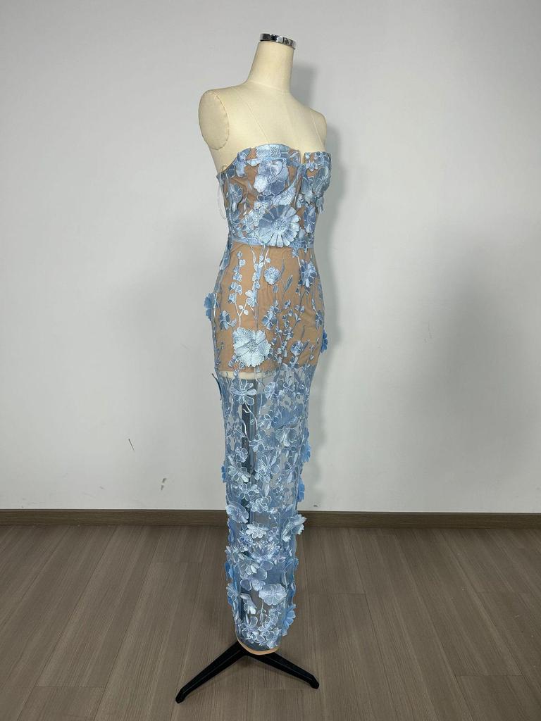 Europäisches & Amerikanisches Design Trägerloses Blaues Abendkleid mit 3D-Blumen-Details