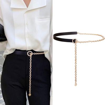 Curea Subțire Femei Lanț Metalic Negru Piele PU Împletită Curea Trendy Decorare Cămașă Asortare Costum Potrivire Universală Rochie Cămașă Lanț