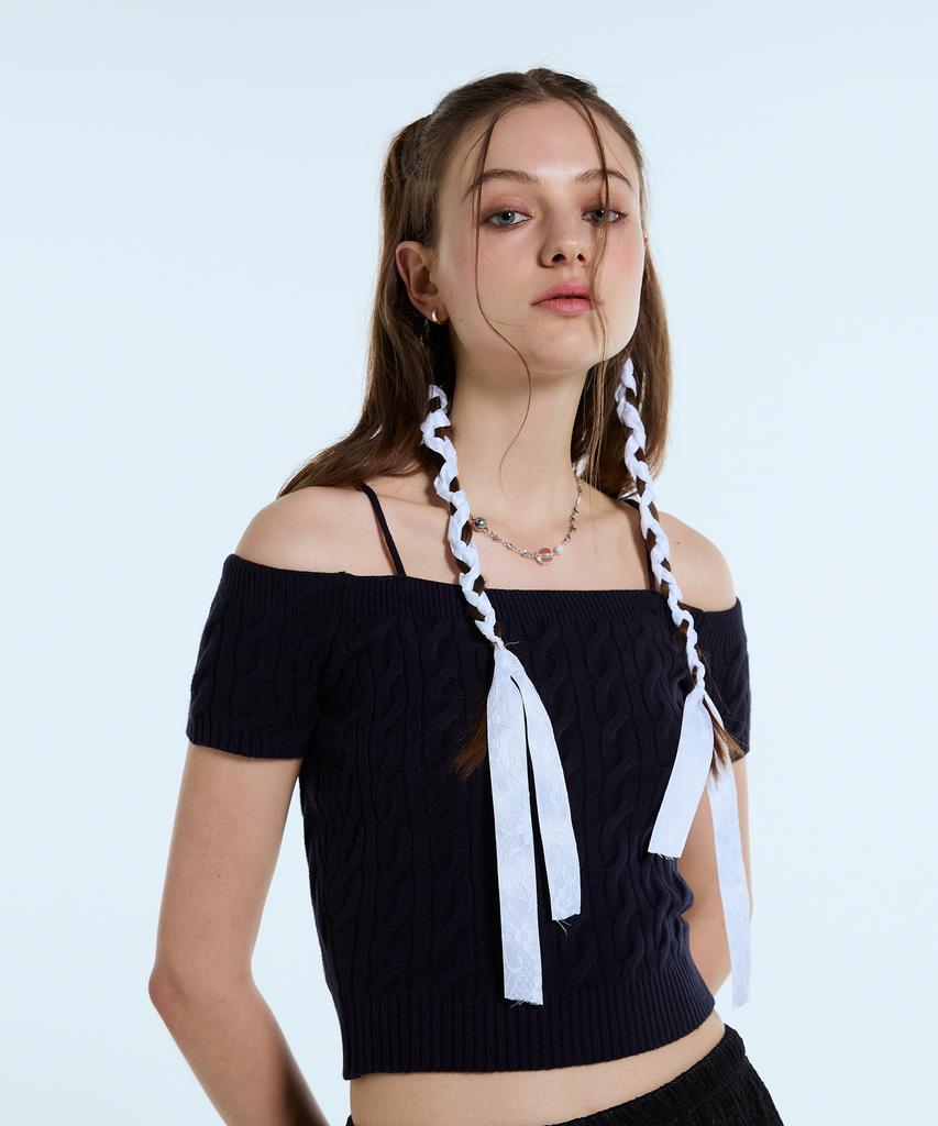 LARTIGENT L11 Cable Off Shoulder Knit(Navy)