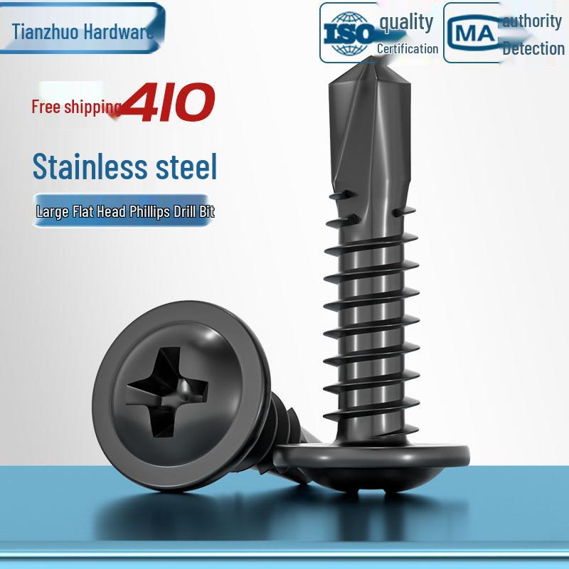 Black Phillips Flat Head Self-Tapping Screws with Washer, 410 Stainless Steel, 4.2M-4.8 Size.