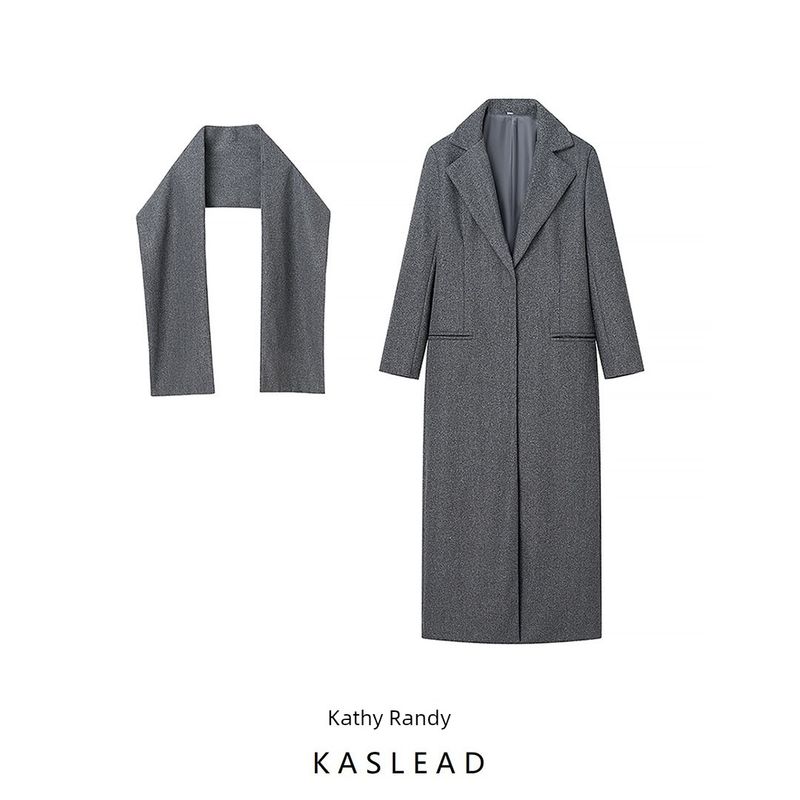 Kaslead New Women clothes Western Style Simple and Versatile Scarf Decoration Long Woolen Trench Coat Outerwear