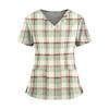 Women's Plaid Print V-Neck and Caregiver Top with Double Pockets and Split Hem Short Sleeves