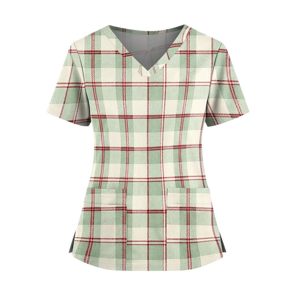 Women's Plaid Print V-Neck and Caregiver Top with Double Pockets and Split Hem Short Sleeves