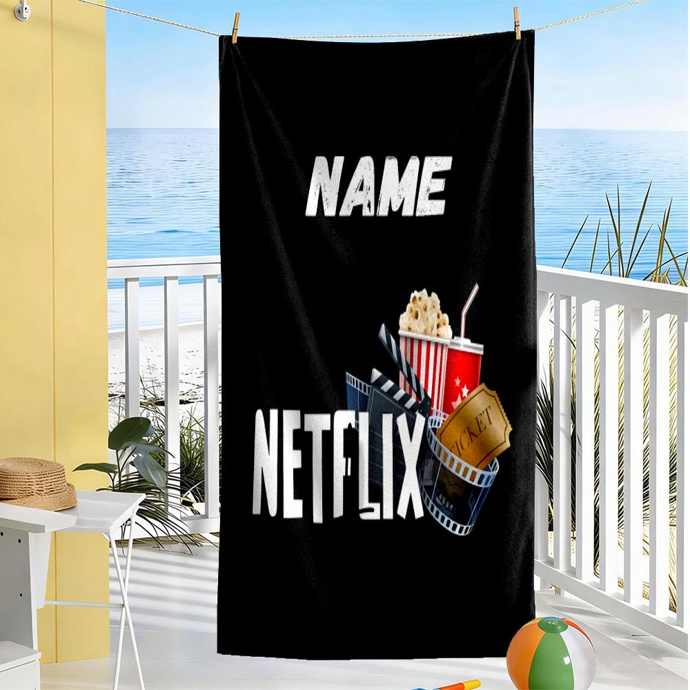 Movie Night Essentials Customizable Name Beach Towel Soft Durable Quick-Dry Suitable for Swimming Gym Camping Yoga Vacation