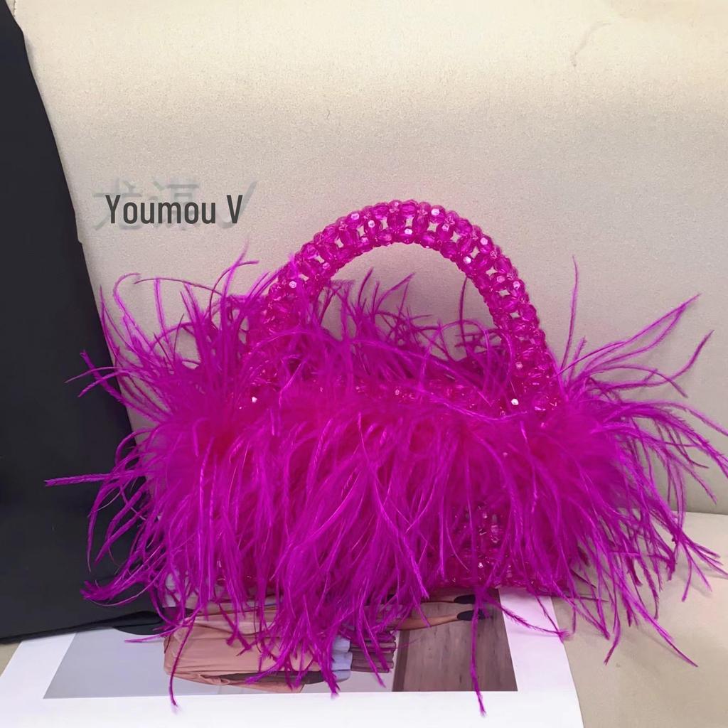 Luxury Candy-Colored Ostrich Feather Beaded Handbag