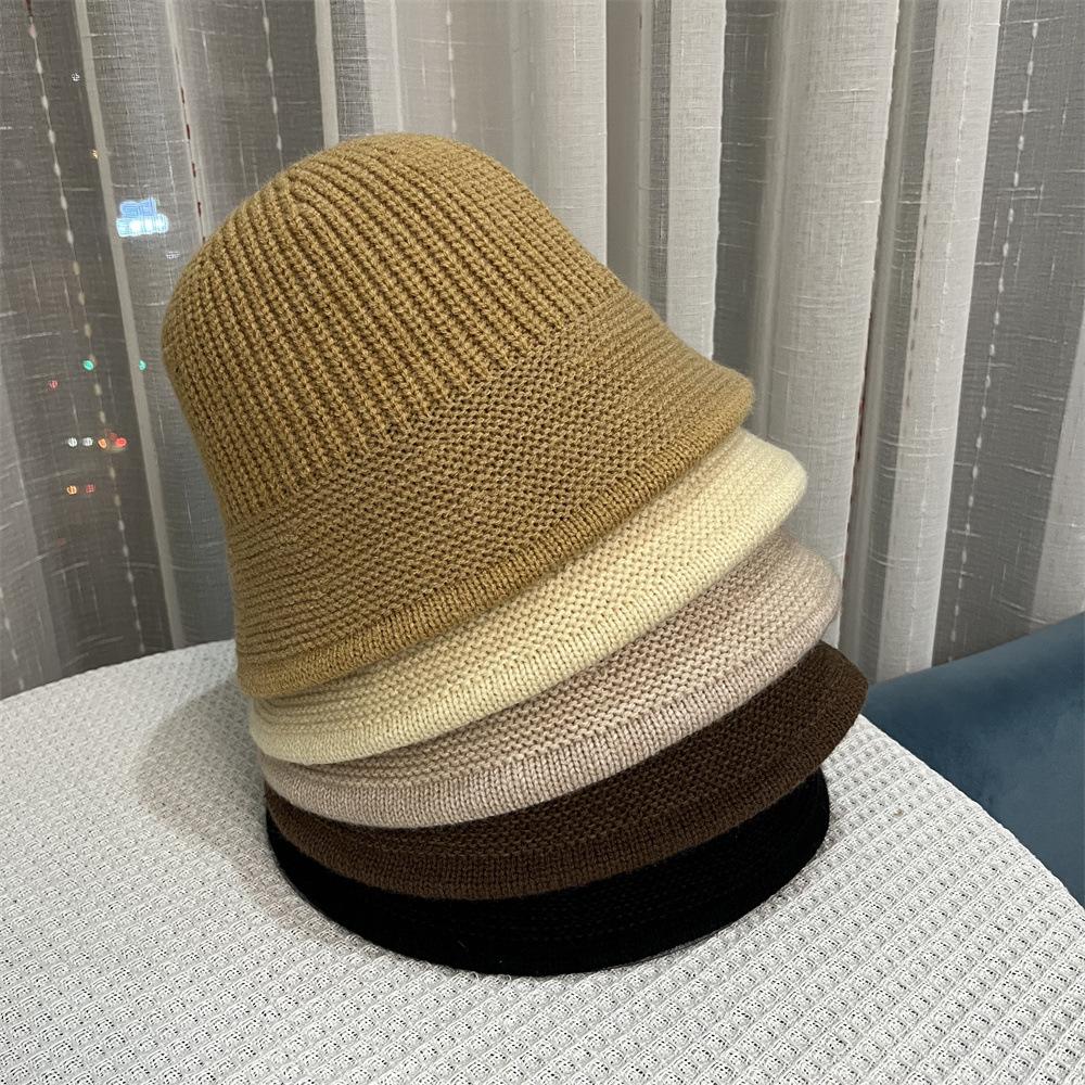 Tide Ladies Wool Hat Autumn and Winter Face Small Solid Color Bucket Hat Versatile Dome Knitted Bucket Hat Women