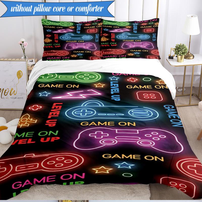 3PCS Neon Game Over Art Bedding Set,Including 1pc Duvet Cover And 2pcs Pillowcases Perfect for Bedroom, Dormitory, Fan Christmas Gift
