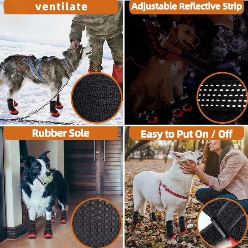4 Stück Wasserdichte Hundeschuhe Wasserdichte Gummi-Hundestiefel Atmungsaktiv Warm Reflektierendes Band Hundeschuhe Bequem Rutschfest Haustierprodukt