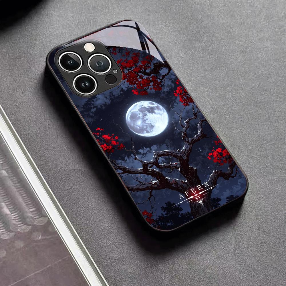 Red Maple Leaves Under a Full Moon Black Glass Case For iPhone 17 16 Pro Max 15 Pro 14 Pro 13 Pro Anti Drop Protective Shell