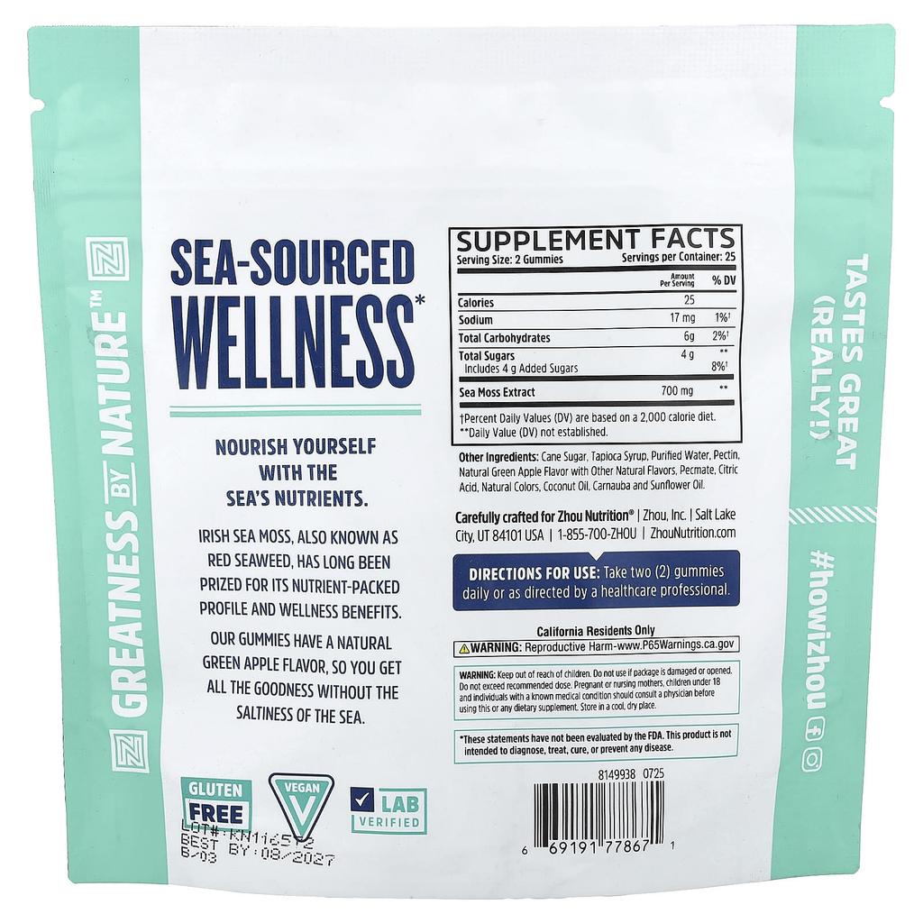 Zhou Nutrition, Irish Sea Moss Gummies, Green Apple, 50 Gummies (350mg per Gummie)