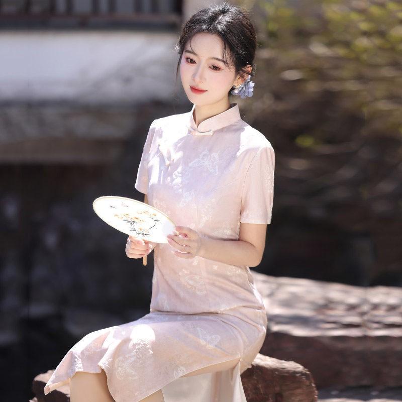 Pink Modern Chinese Style Long Cheongsam Dress Women 2026 Vintage Inspired Daily Wear With Stand Collar