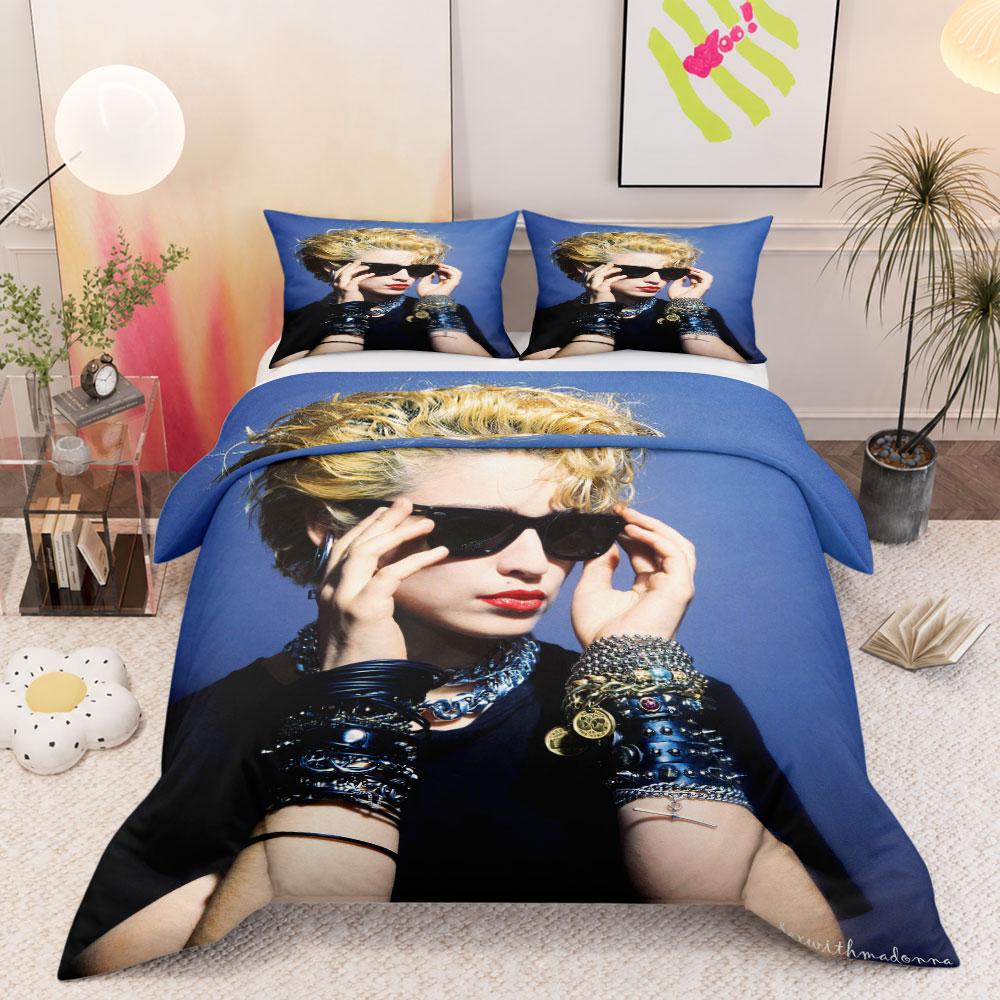 Modern Madonna Vintage Pop Star Portrait Blue 3-Piece Bedding Set, Easy Care Duvet Cover Set, Complete Bedding Set with Pillowcases