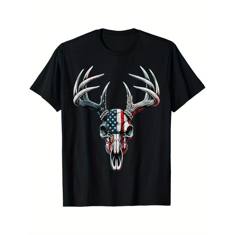 

European sizes Whitetail Deer Hunting - American Flag on Buck Skull Men s T-Shirt 4XL чорний