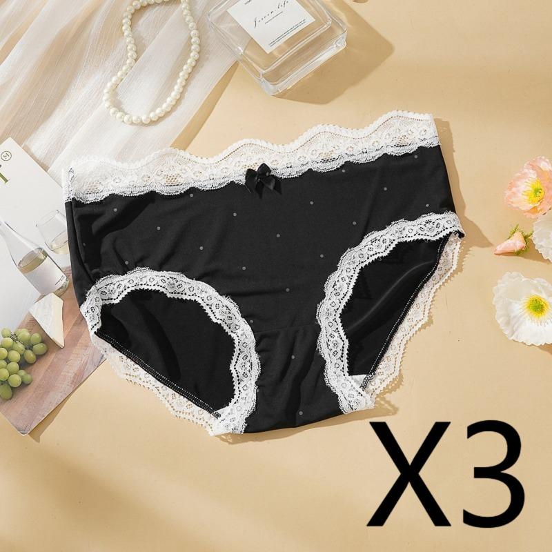 3 Pcs/Set French Lace Polka Dot Seamless Panties Women Sweet Bow Wavy Lace Edge Mid-Rise Underwear Thin Quick-Dry Briefs