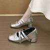 French Bow Square Head Mary Jane Women's Shoes 2025 New Retro Shallow Rivet Thick High Heel Single Shoes