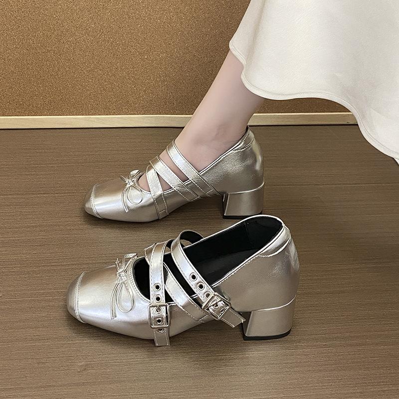 French bow square head Mary Jane women's shoes 2025 new retro shallow rivet thick high heel single shoes