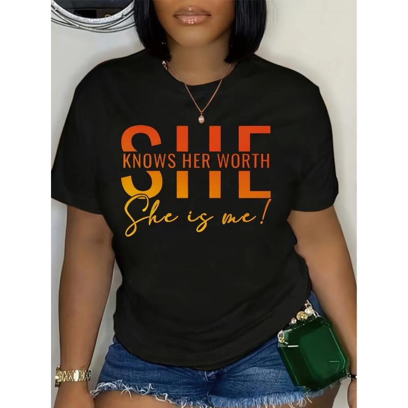 Women s Confidence T-Shirt-She Knows What She s Worth She s Me | Striking Orange Letters, Lightweight, Machine Wash, Crew Neck, Micro-Stretch Fabric, S