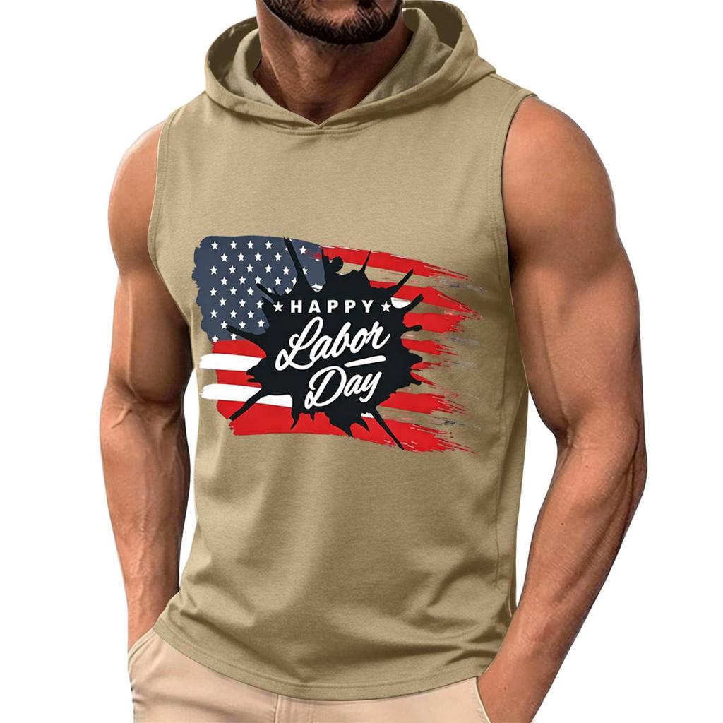 Ärmelloser Herren Hoodie Lässiger Leichter Pullover Kapuzen Tanktop mit Arbeitsfeiertags-Grafikdruck für Sommerliche Outdoor-Aktivitäten