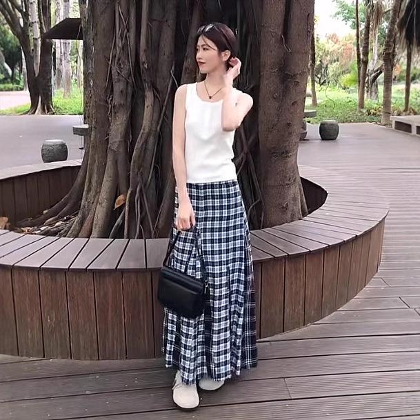 

Women s 2025 Summer Retro Color Block High Waist Pleated A-Line Midi Skirt S (Premium Version) синій