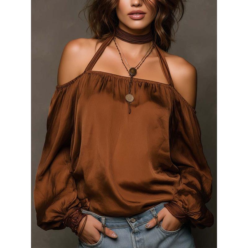 Top alla moda da donna con spalle scoperte in raso opaco, europeo e americano, 2026