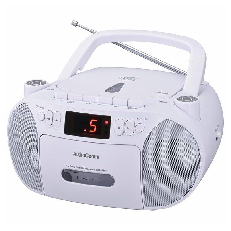 OHM Electric AudioComm Portable CD Boombox, Outlet, Battery-Powered, Radio, Cassette Deck, Cassette Tape Recording and Playback, White, RCD-320N-W (Pr