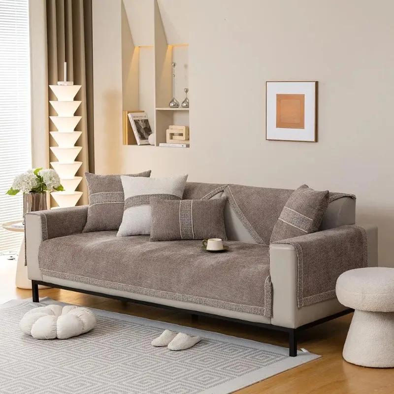 Solid Color Chenille Sofa Cushion All-Season Non-Slip Fully Enclosed Non-Slip Anti Cat Scratch Seat Cover Machine Washable