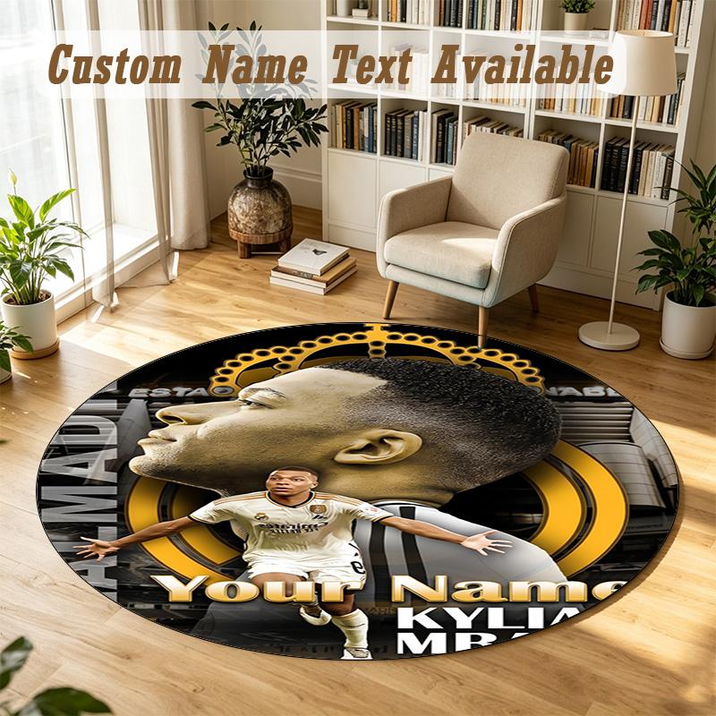 Round Rug Custom NameKylian Mbappe Pattern Non Slip Carpet Home Floor Decor