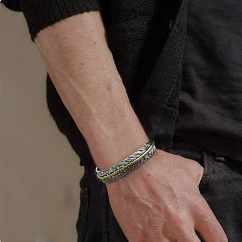 Men's Open Cuff Feather Pattern Bangle, Vintage Adjustable Bracelet, Gold & Tone