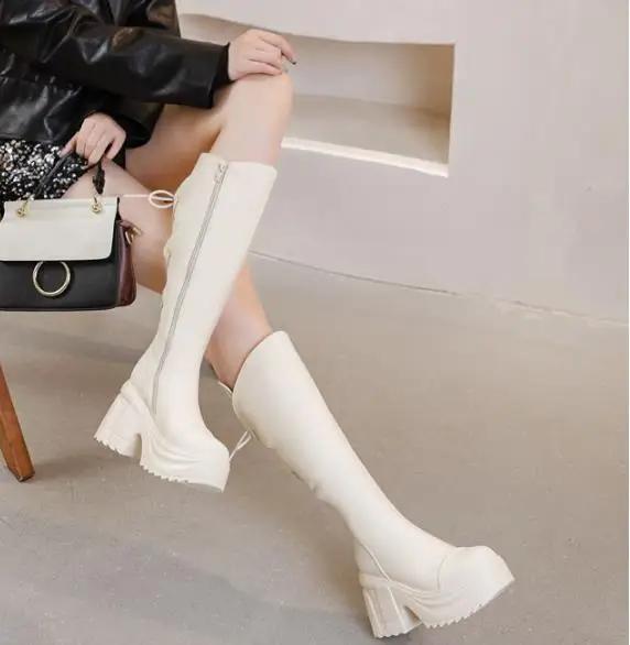 Mode 10CM Mikrofaser Damenstiefel Leder Herbst Plateau Keil Kniehoch Mode Britisch Knöchel Frühling Reißverschluss Synthetische Stiefel Schuhe