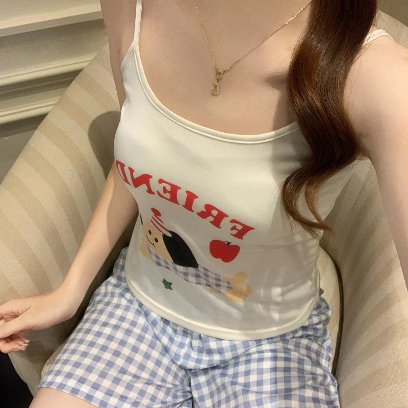 Women's Cartoon Camisole Tank Top Pajamas Set with Chest Pads - Summer Home Wear for Girls with Shorts