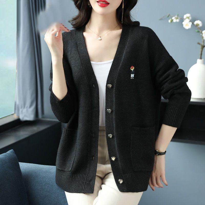 Female Middle Aged Mom Loose Large Size Outer Sweater Knitted Cardigan Coat Women's Autumn and Winter Clothes