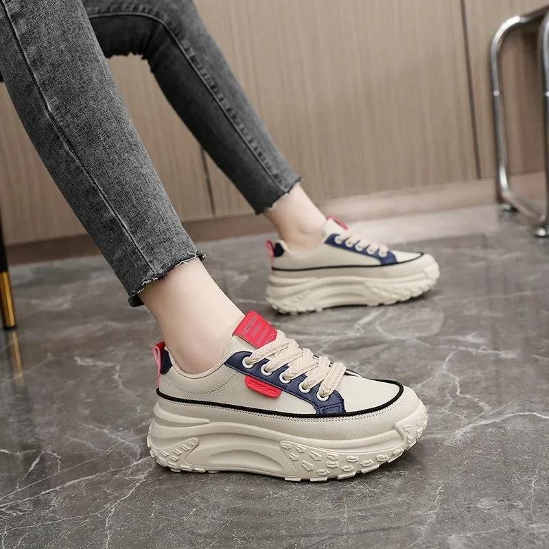 2025 New Model Shoes for Women Platform Adds Height Vulcanized Ladies Shoes Anti-slip Wear-resistant Leather Casual Sports Shoes