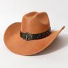 Unisex Western Cowboy Hat with a Unique Flat Top, Rolled Edges, Wide Brim, Felt Material, Paired with a Cowhide Belt, Suitable for Horseback Riding