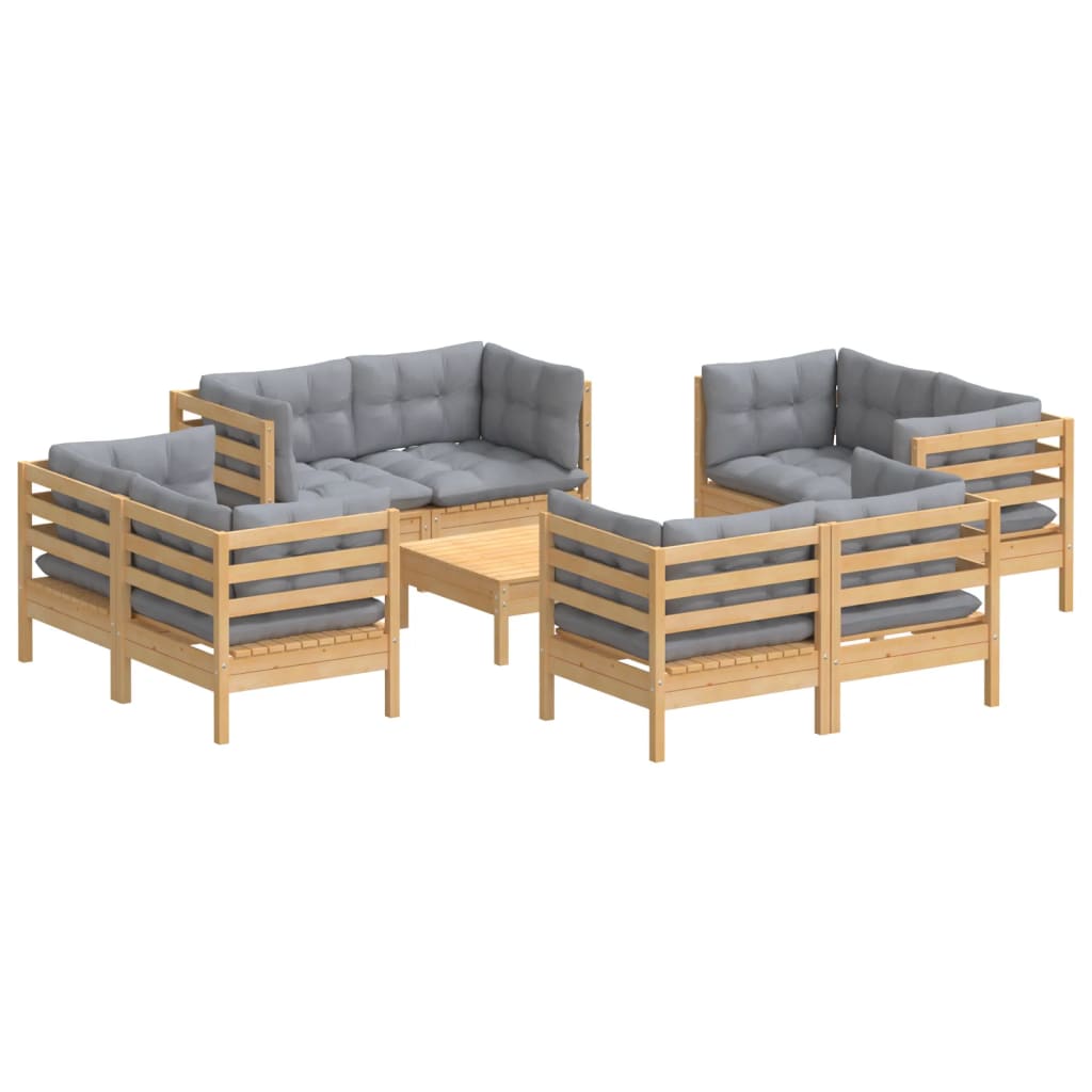 Vidaxl 9-Cz. Garden Lounge Set, Grey Cushions, Pine