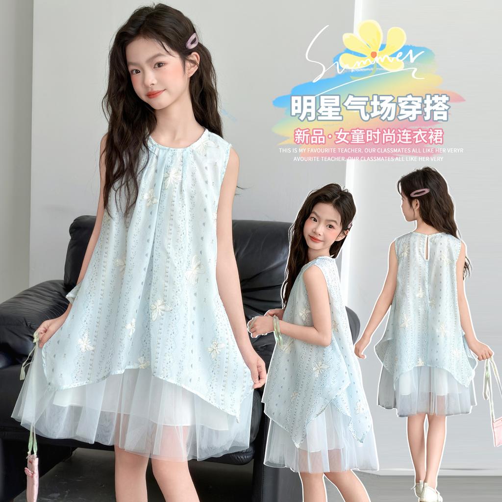 Girls' summer chiffon children's summer sleeveless vest dress, blue embroidered bow mesh princess dress