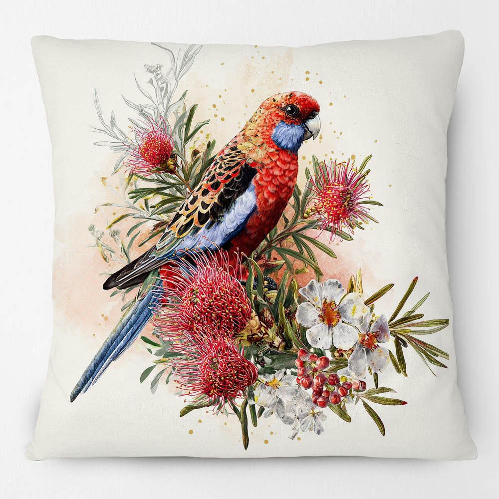 Australian Red Capped Robin Birds Wattle Flower Hand Painting Cushion Covers Sofa Decorative Pillowcase Peach skin 18*18(CM)-1Pcs