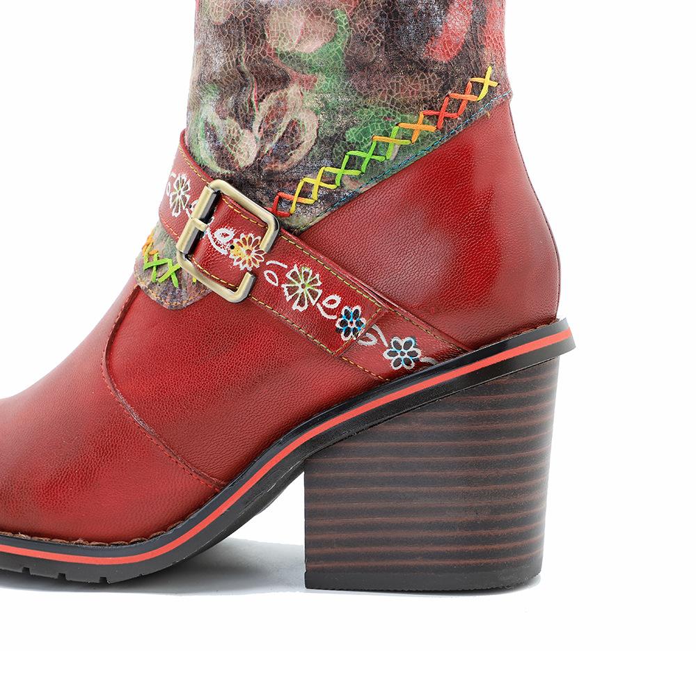 Johnature Vera pelle patchwork stampato fibbia per cintura tacco spesso comodi tacchi alti stivali lunghi scarpe da donna