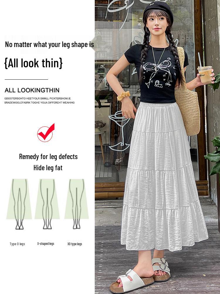 Women's White A-line Midi Skirt - 2025 Spring/Summer, Elastic High Waist, Slimming Long Fresh Style