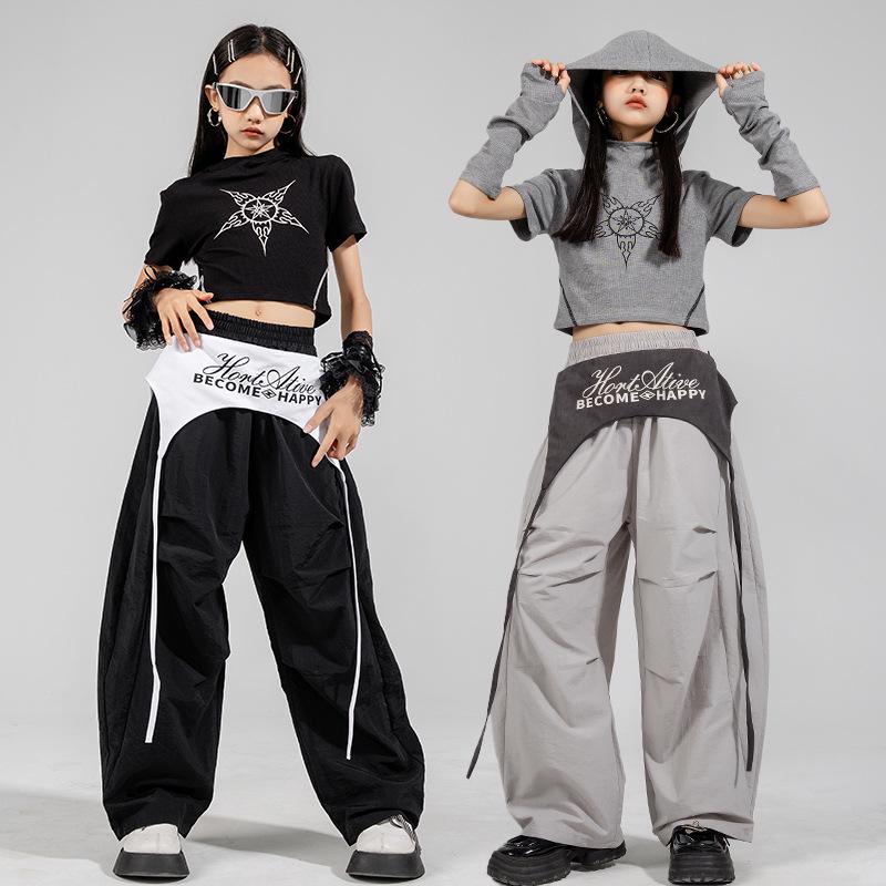 Girls' Jazz Dance Costume Set: Korean Style Cropped Vest & Sweatpants for Performances