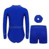 Girls Gymnastics Dance Set Long Sleeve Shiny Cutout Front Back Zipper Leotard Rhinestones Shorts Headwear