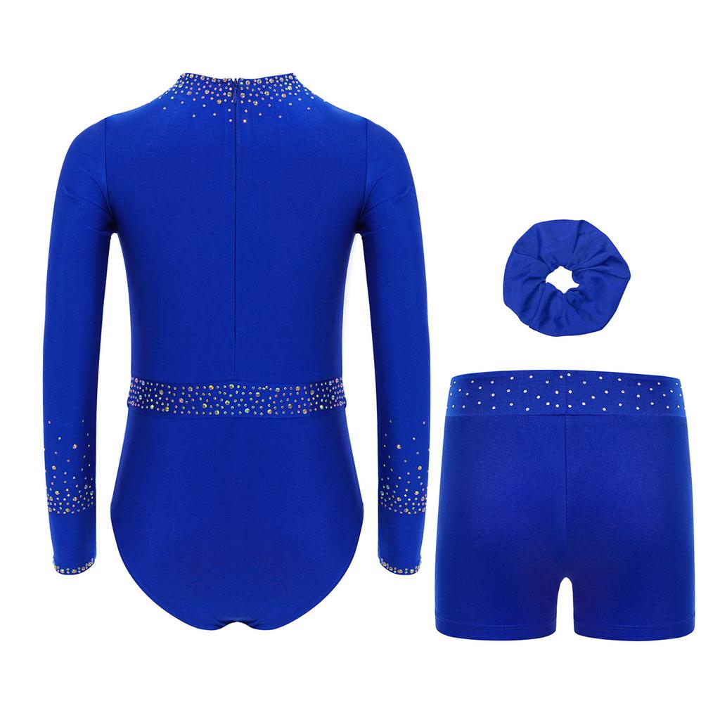 Girls Gymnastics Dance Set Long Sleeve Shiny Cutout Front Back Zipper Leotard Rhinestones Shorts Headwear