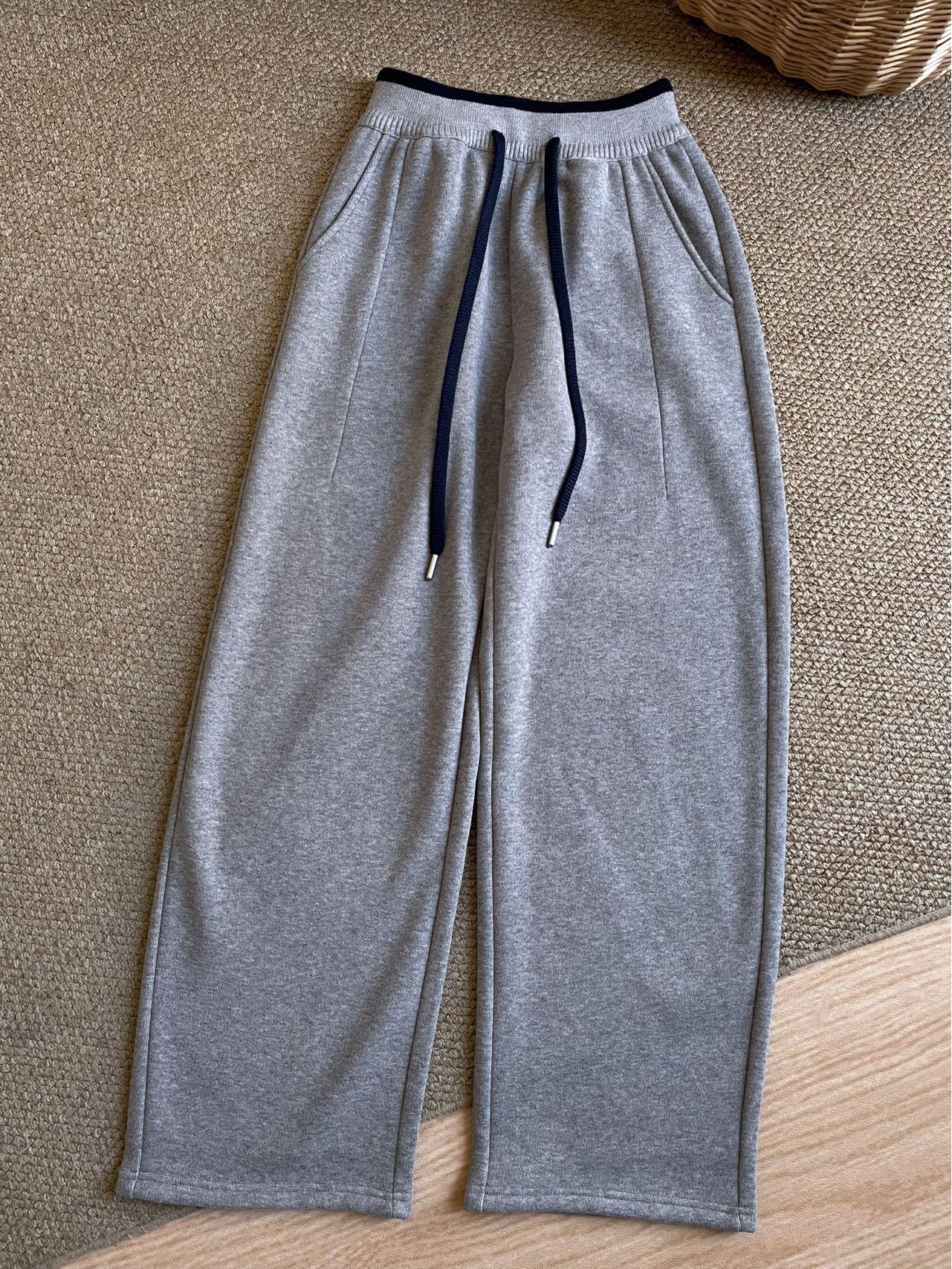 

Fleece-Lined Two-Tone Wool Drawstring Pants with Pockets - Autumn/Winter Loose Straight-Leg Style L серый