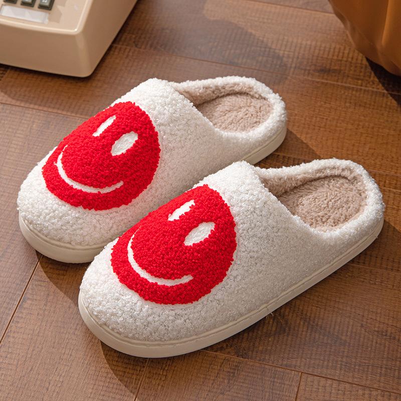 New Towel Embroidery Korean Version Autumn and Winter Indoor Home Wooden Floor TPR Sole Thickened Smiley Cotton Slippers