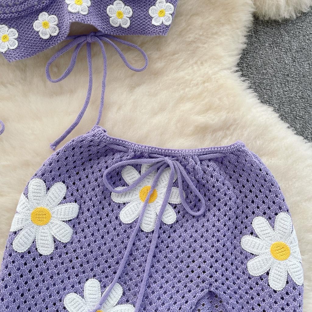 Korean Hollow Out Knitted Suits Women Halter Lace Up Bow Backless Tank Top Drawstring Split Mini Skirt Summer Fashion Sweet Two Pieces Sets