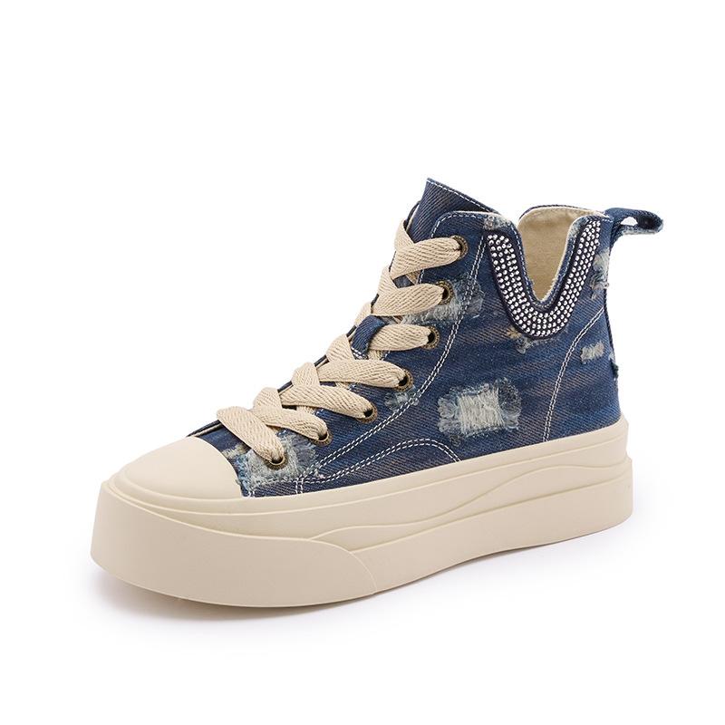 

Холщовые туфли женские корейская версия 2025 весна новые с бриллиантами модные универсальные одинарные туфли спортивная и повседневная обувь на платформе обувь с высоким верхом 40 джинсовый синий